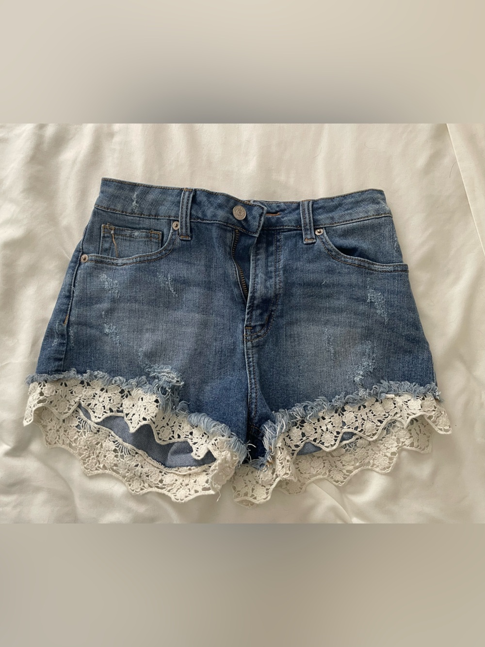 Just USA Blue Denim Shorts with White Lace Trim